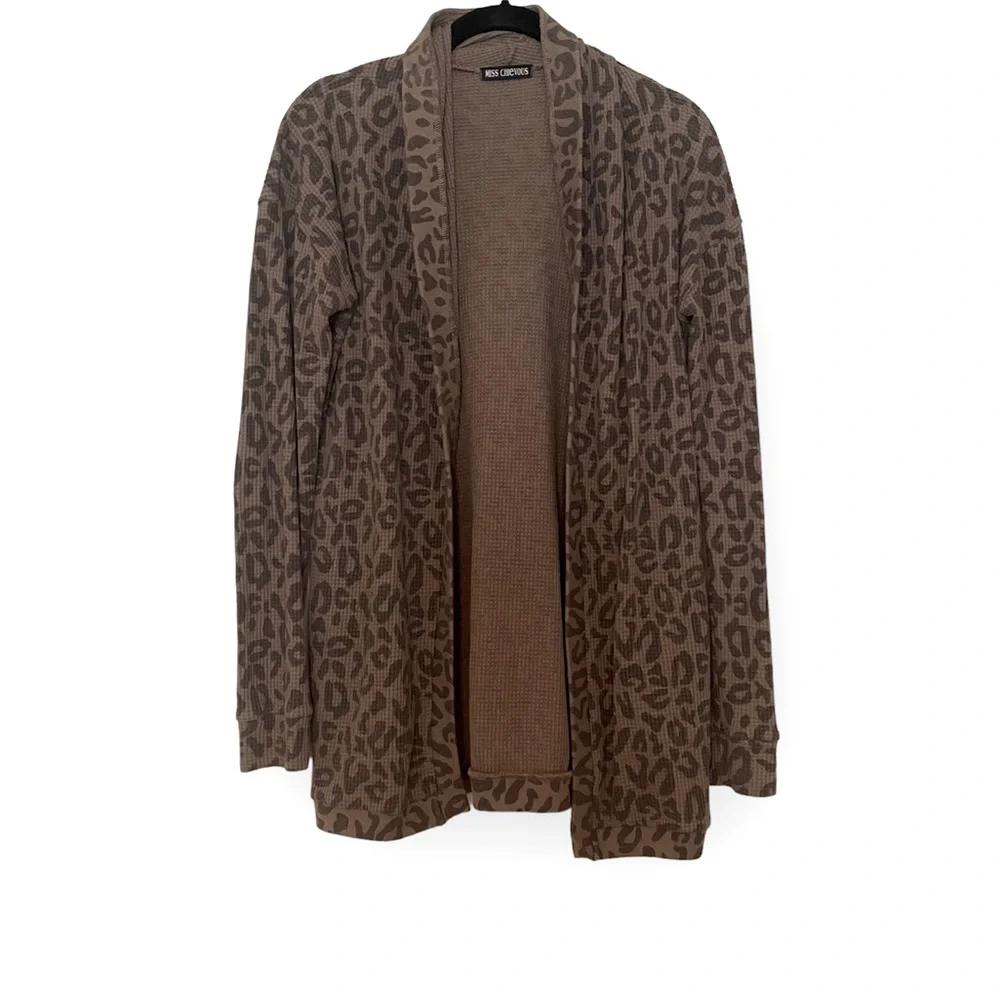 3/15💚 Miss Chiveous Waffle Knit Open Cardigan Taupe Brown Leopard Animal Print - Picture 1 of 6